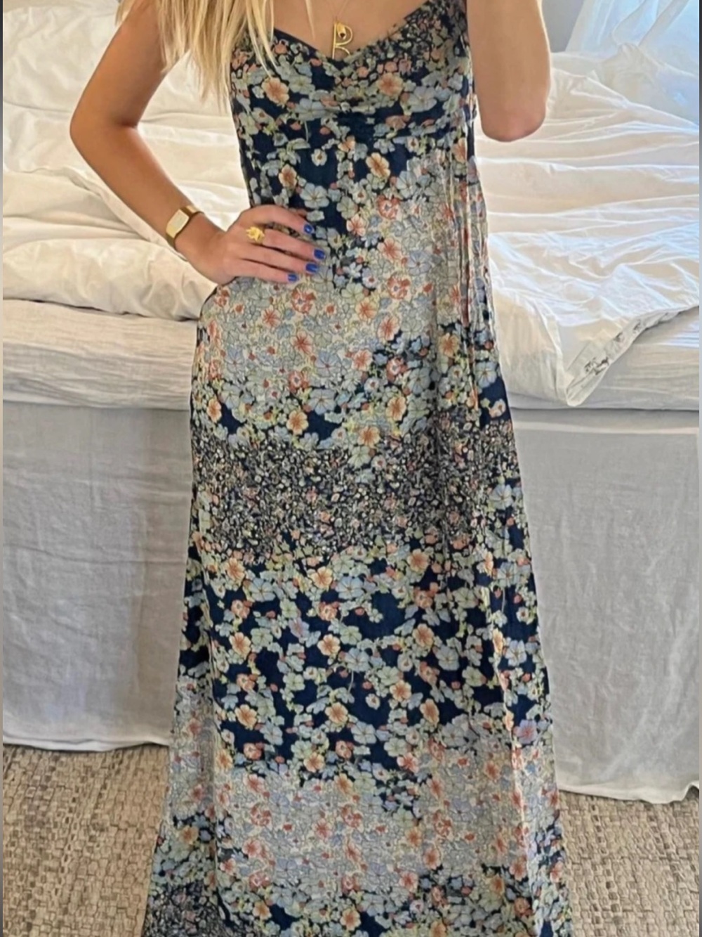 Floral Navy Maxi Dress with Pastel Bloom Print